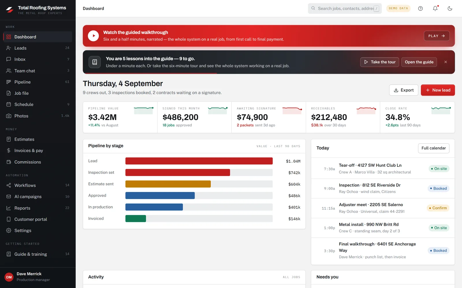 The Dashboard screen of the Total Roofing Systems app