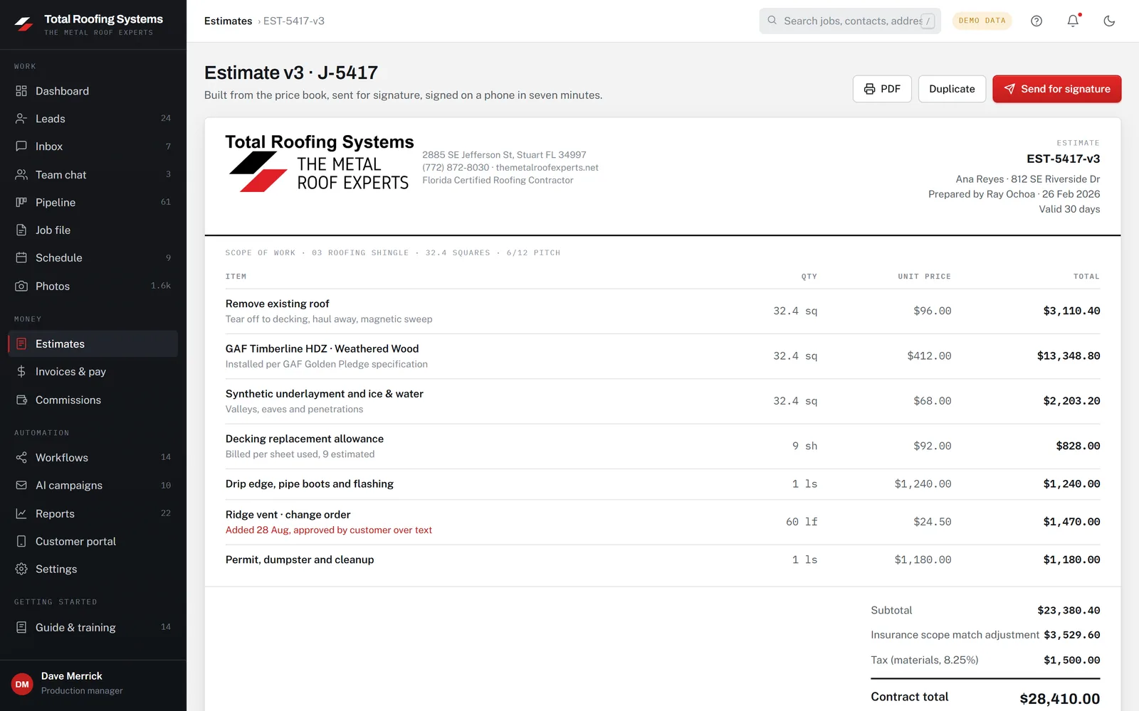 The Estimates screen of the Total Roofing Systems app