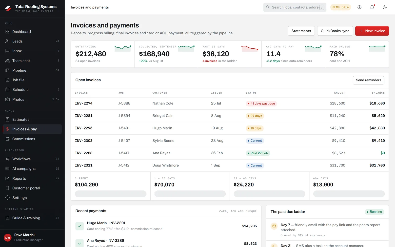 The Invoices screen of the Total Roofing Systems app