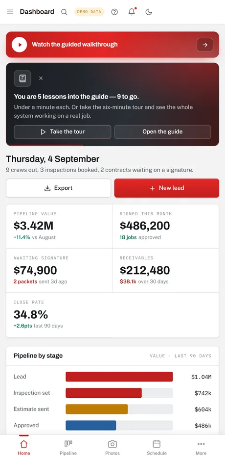 The same app on a phone, showing the dashboard