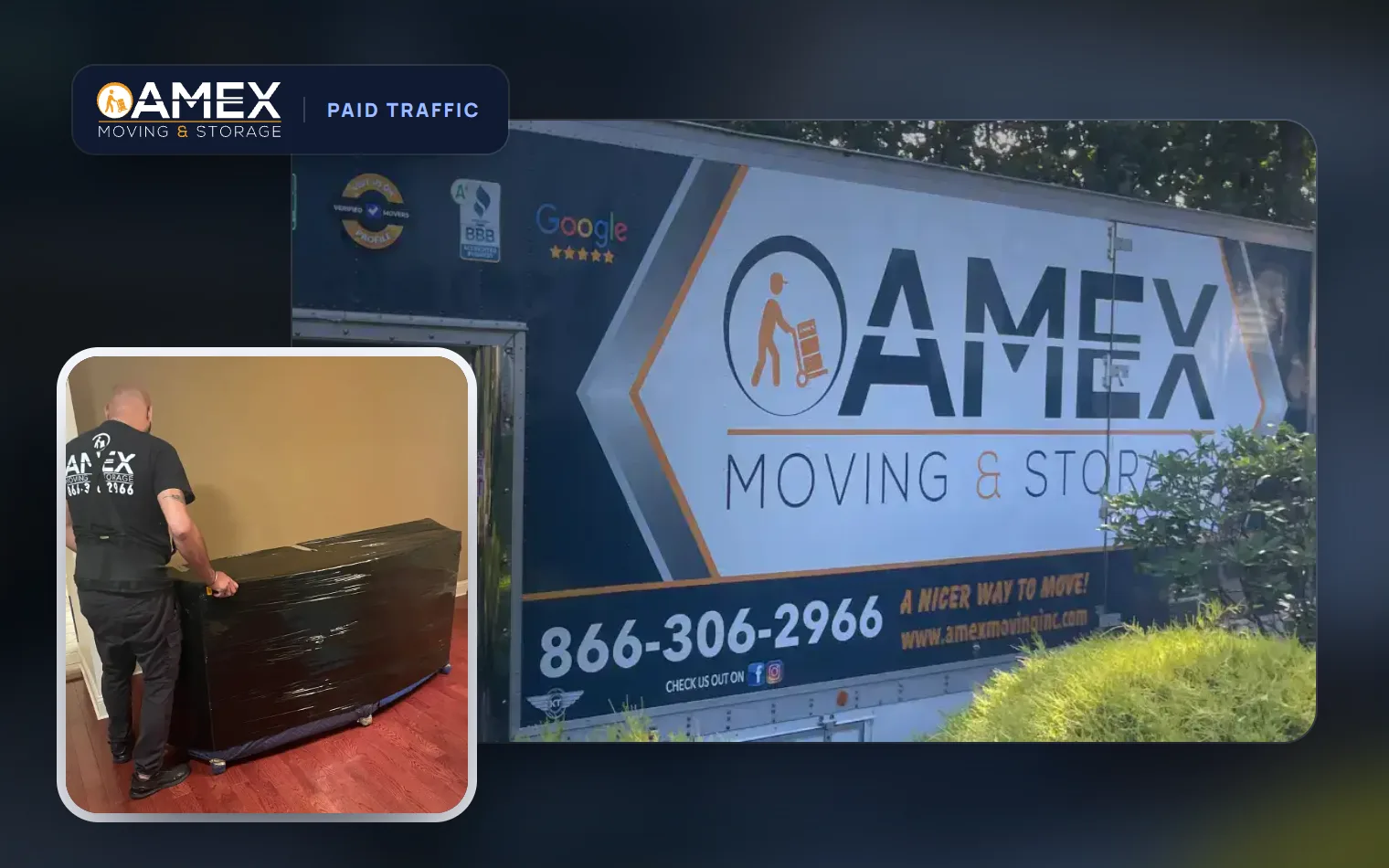 An AMEX Moving & Storage truck and one of their movers wrapping furniture