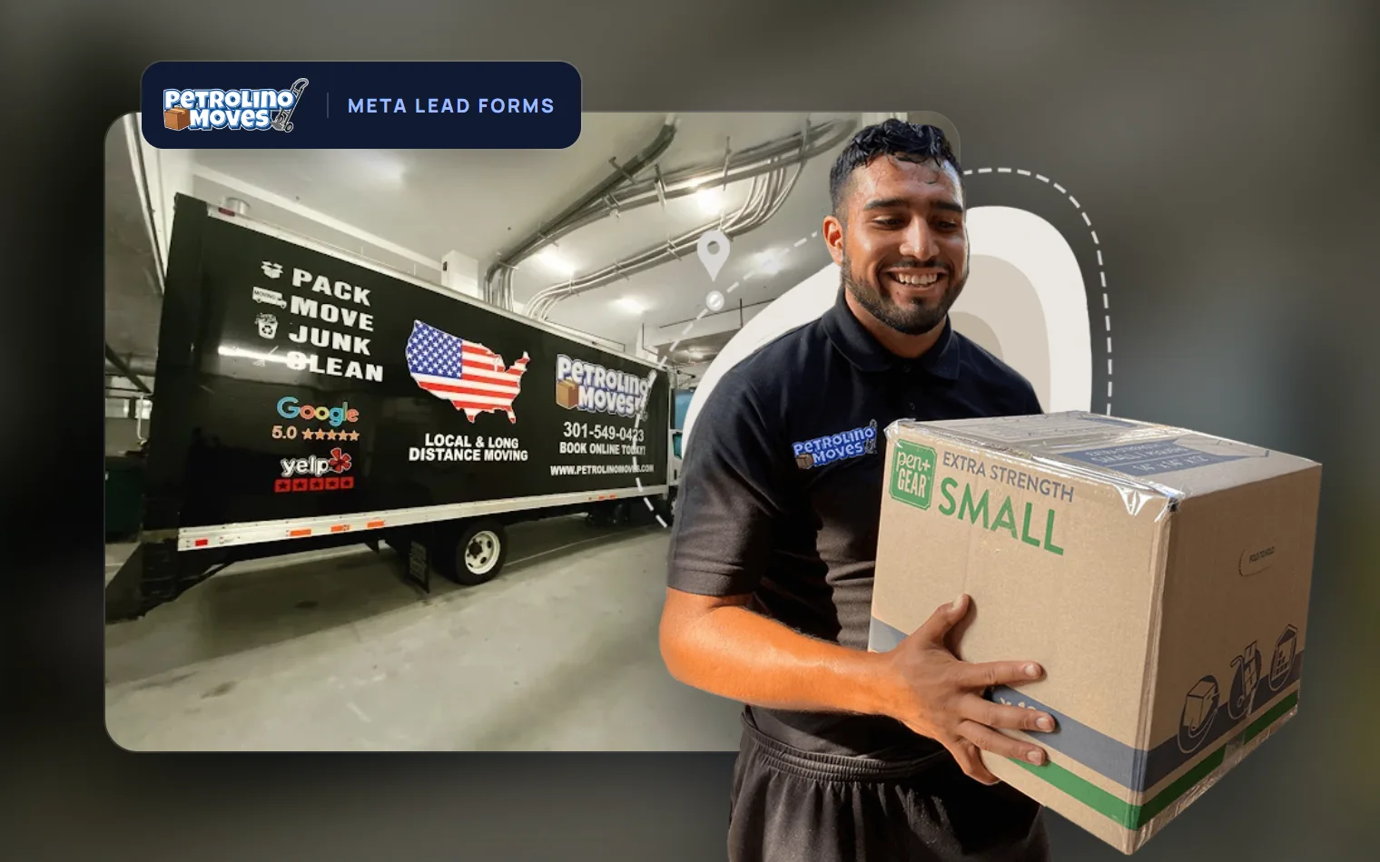A Petrolino Moves truck and one of their movers carrying a box