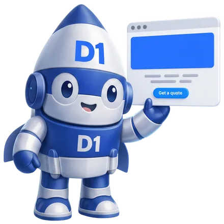 The D1 Tech Creative rocket mascot holding up a website mock-up