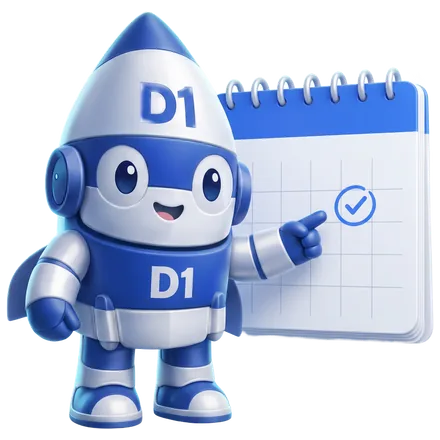 The D1 Tech Creative rocket mascot pointing at a scheduled webinar date