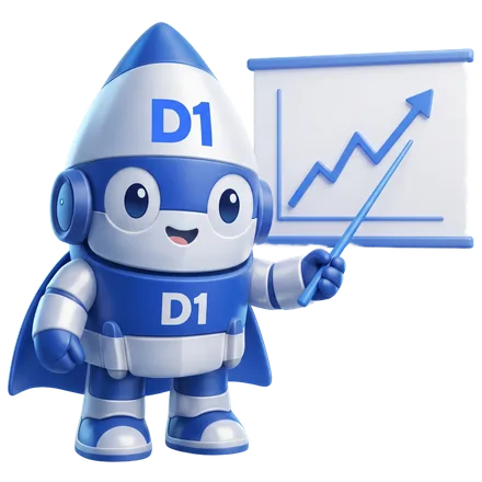 The D1 Tech Creative rocket mascot pointing at a rising results chart