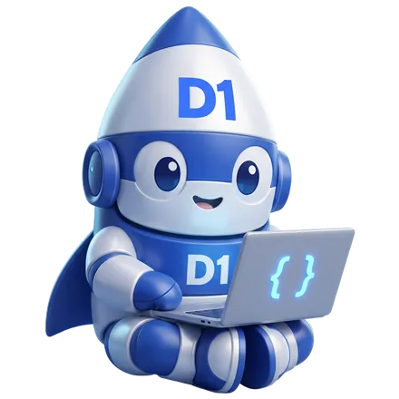 The D1 Tech Creative rocket mascot working on a laptop full of code