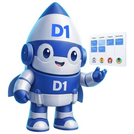 The D1TechCreative rocket mascot presenting a CRM pipeline board