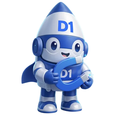 The D1TechCreative rocket mascot holding a magnet pulling in new leads