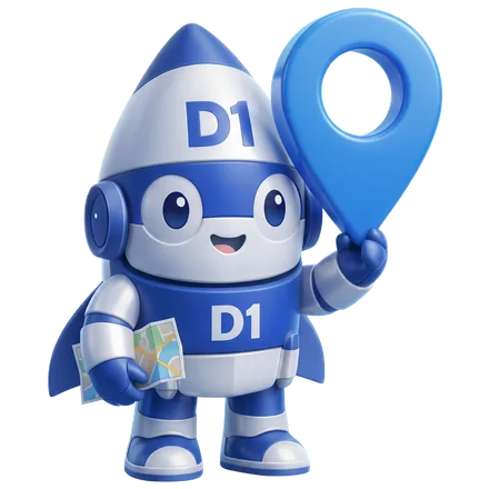 The D1 Tech Creative rocket mascot holding up a location pin