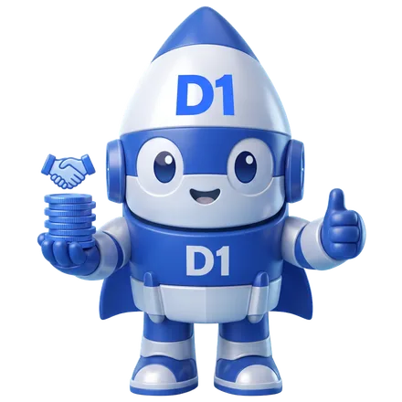 The D1 Tech Creative rocket mascot holding a stack of coins and a partnership badge