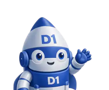 D1 Tech Creative rocket mascot peeking in