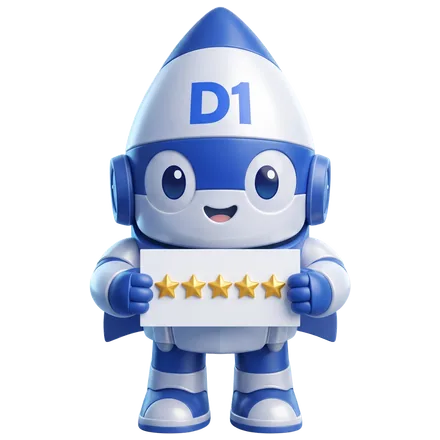 The D1TechCreative rocket mascot holding up a five-star review card