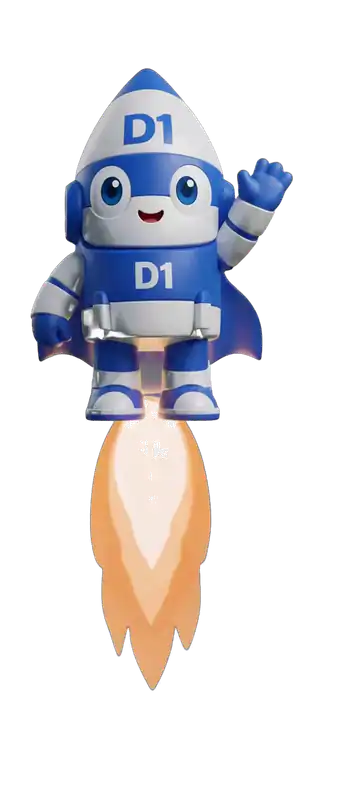 The D1 rocket mascot blasting off
