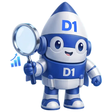 The D1TechCreative rocket mascot inspecting rising search rankings with a magnifying glass