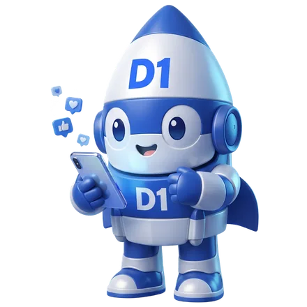 The D1TechCreative rocket mascot holding a phone with likes floating out of it