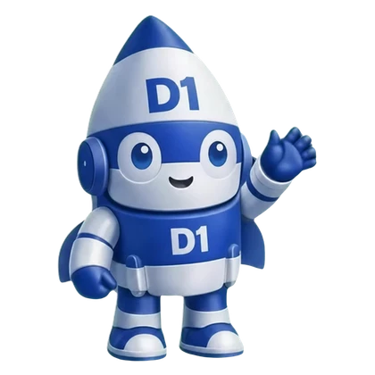 The D1 Tech Creative rocket mascot waving hello