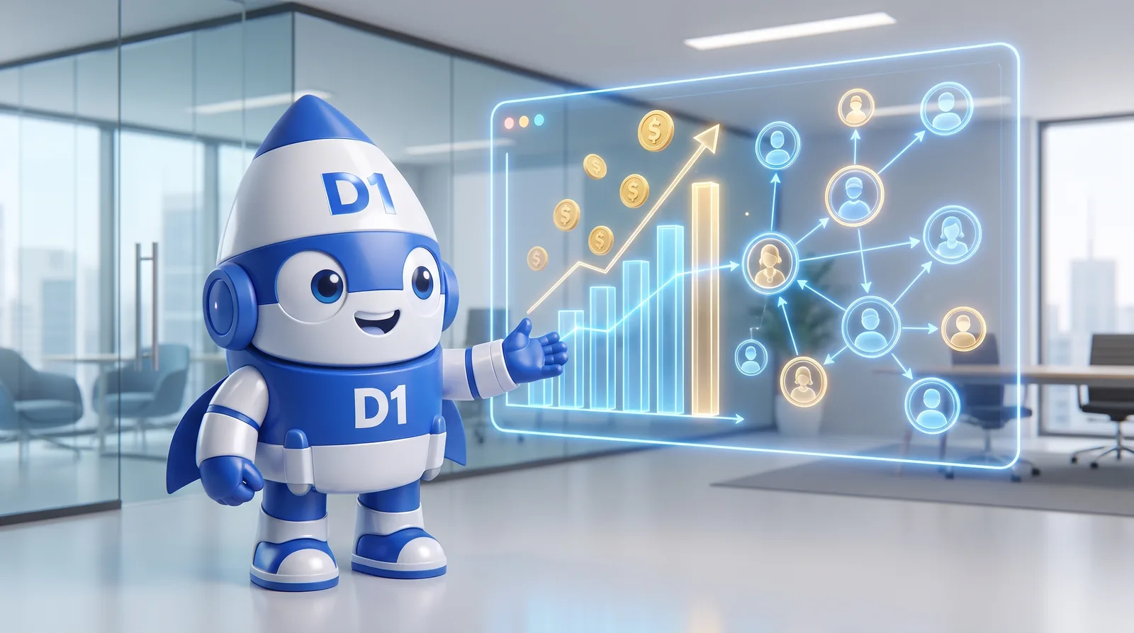 The D1 mascot celebrating affiliate commissions rolling in