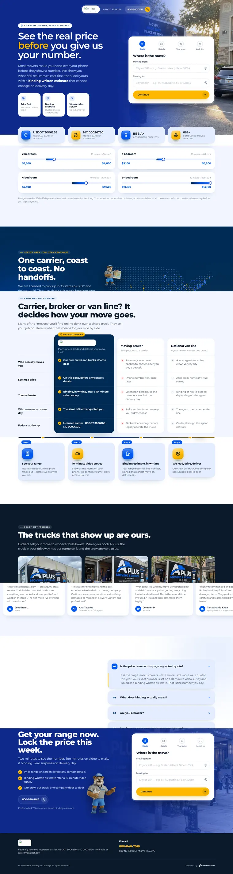 Screenshot of the A Plus Moving & Storage Quote Funnel website