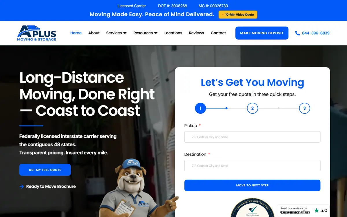 A Plus Moving & Storage — live website