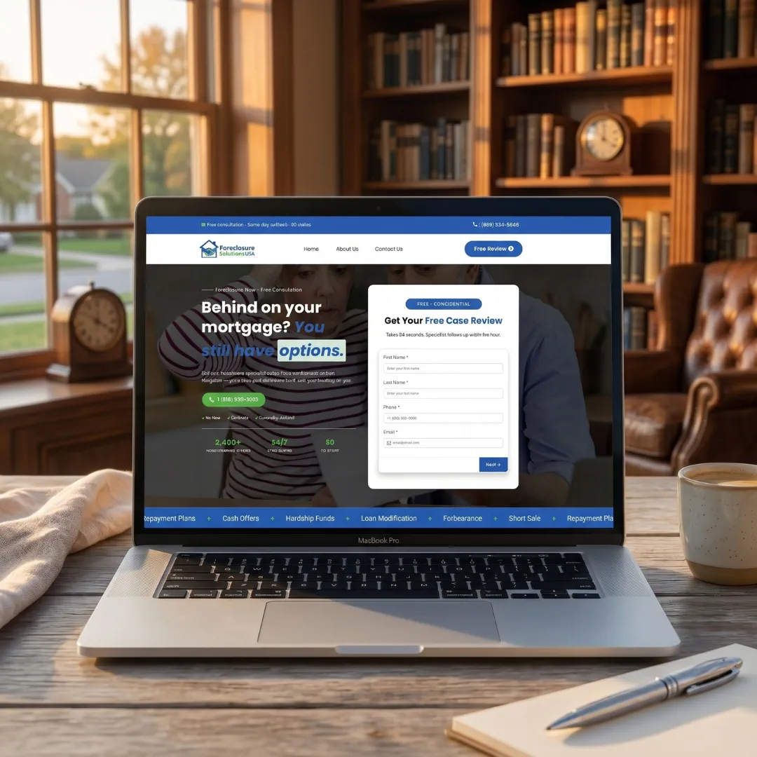 Foreclosure Solutions USA website on a laptop
