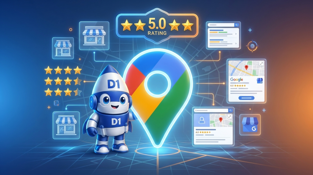 Local SEO and Google Business Profile optimization for service businesses with D1 mascot