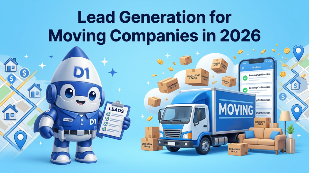 Lead generation system for moving companies with D1 mascot and moving truck