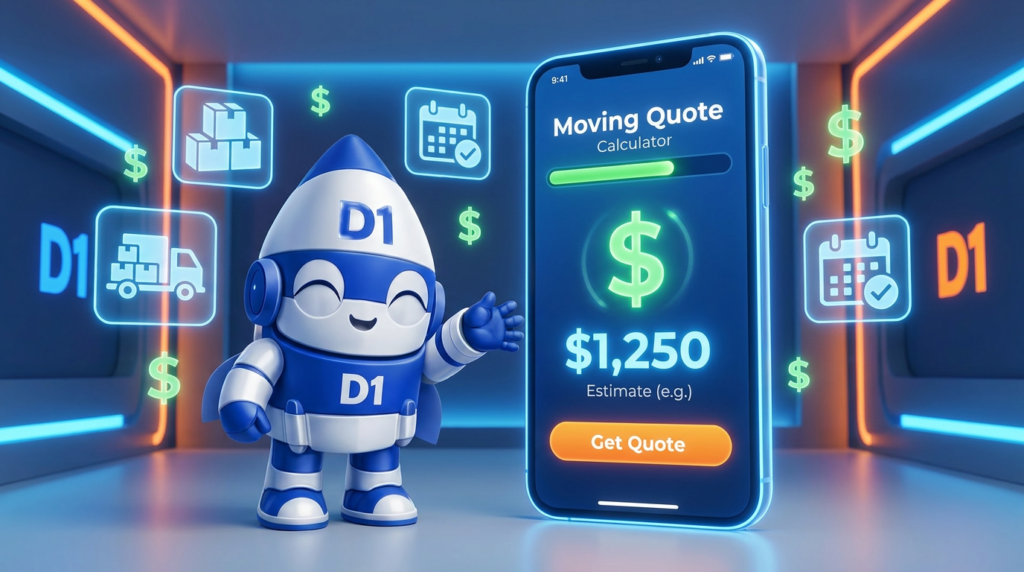 D1 mascot with instant moving quote calculator on a glowing phone