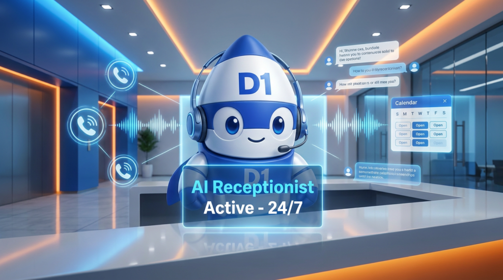 D1 mascot as an AI receptionist with headset and glowing 24/7 active screen