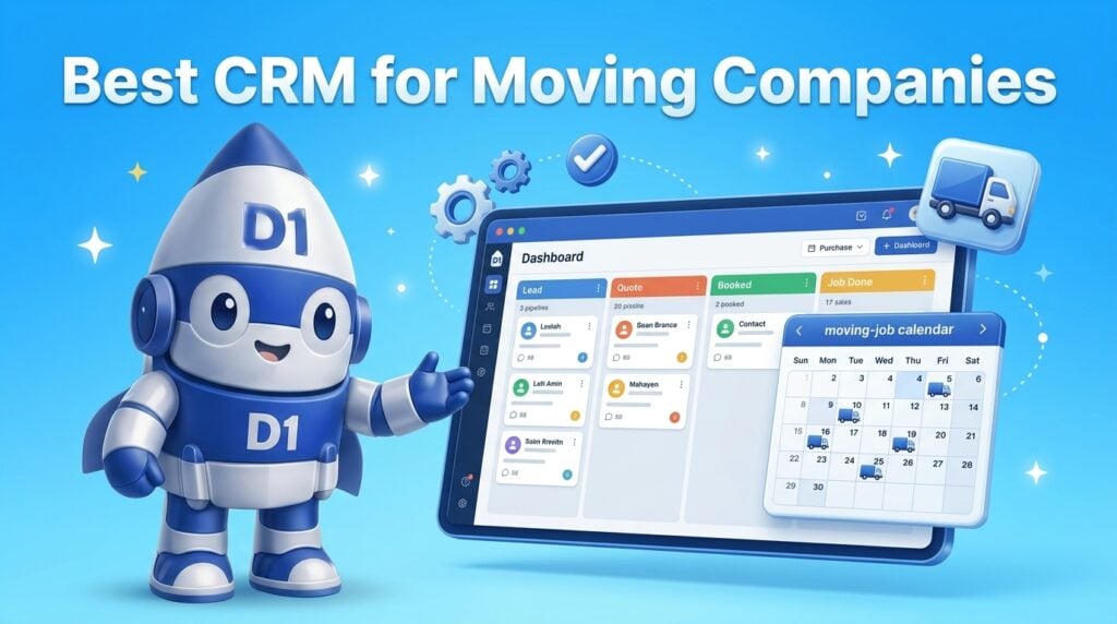 D1 mascot presenting a CRM pipeline dashboard for a moving company