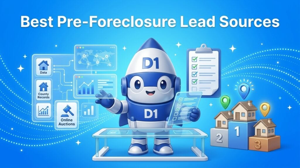 D1 mascot comparing pre-foreclosure data sources with house icons and a ranking podium