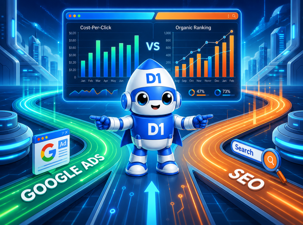 D1 mascot weighing Google Ads against SEO on glowing dashboard scales