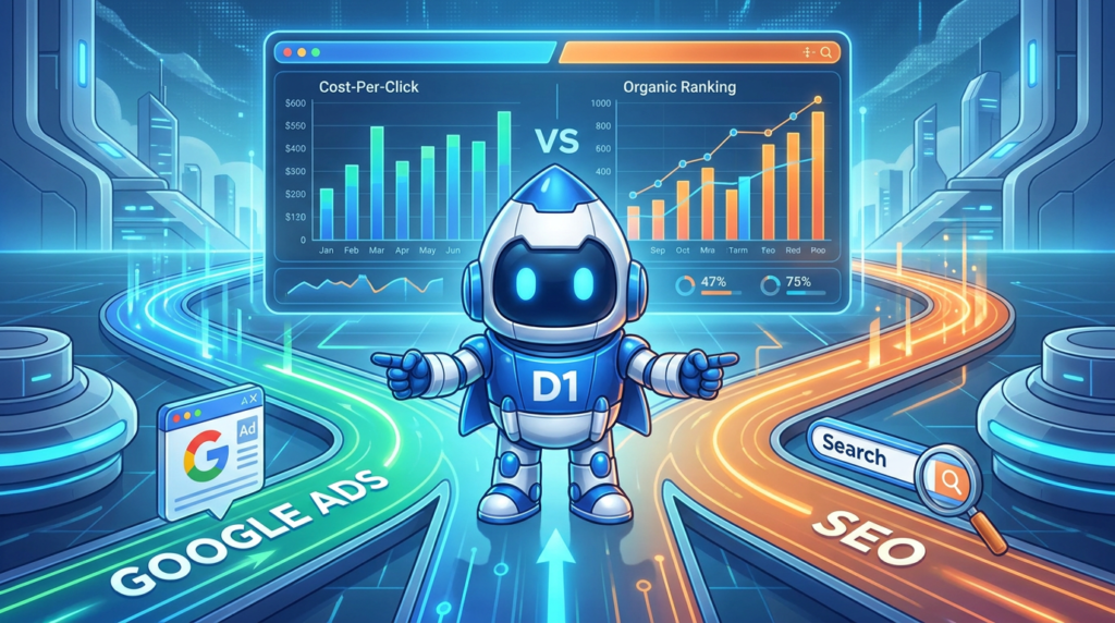 D1 mascot weighing Google Ads against SEO on glowing dashboard scales