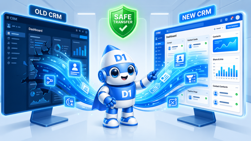 D1 mascot moving data between two glowing CRM platforms with safe transfer indicator