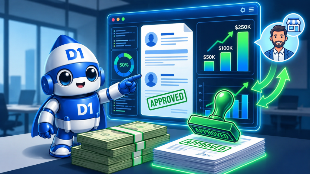 D1 mascot reviewing business funding leads on glowing dashboard with funding approval indicator