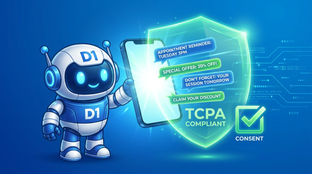 D1 mascot sending compliant SMS messages with glowing TCPA shield