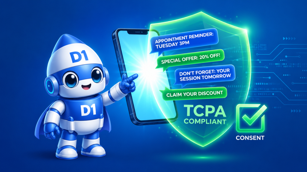 D1 mascot sending compliant SMS messages with glowing TCPA shield