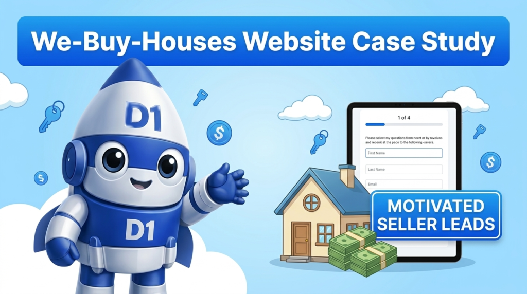 D1 mascot showcasing the Valor House Buyers we-buy-houses website on a glowing holographic dashboard with motivated seller leads counter