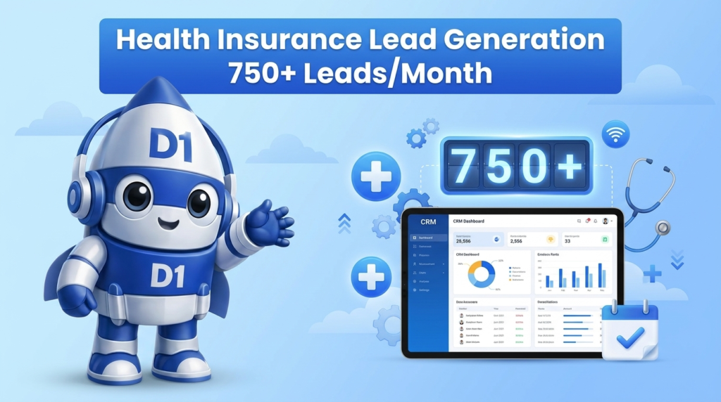 D1 mascot showcasing the Healthcare Coverage Hub lead generation dashboard with 750+ leads counter and 6-step automation workflow