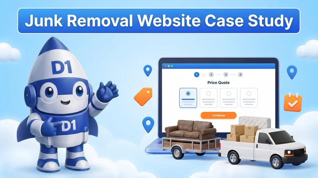 D1TechCreative rocket mascot next to a laptop showing a multi-step junk removal quote form and a hauling trailer