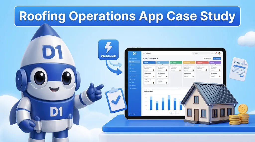 D1TechCreative rocket mascot next to a tablet showing a roofing CRM pipeline and a house with a metal roof