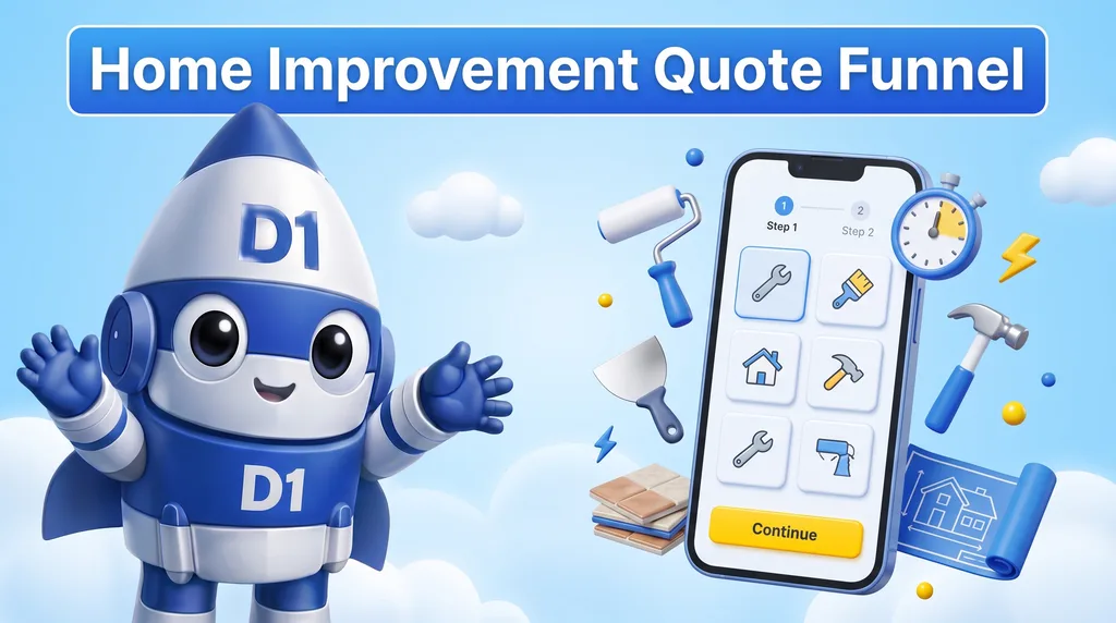 D1TechCreative rocket mascot next to a phone showing a two-step home improvement quote form surrounded by tools