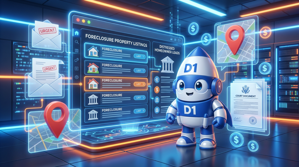 D1 mascot with foreclosure lead generation dashboard and distressed property icons