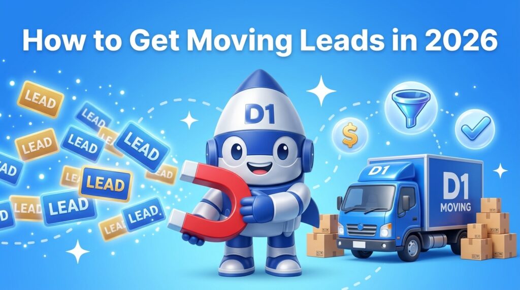 D1 mascot holding a lead magnet beside a blue moving truck and lead cards