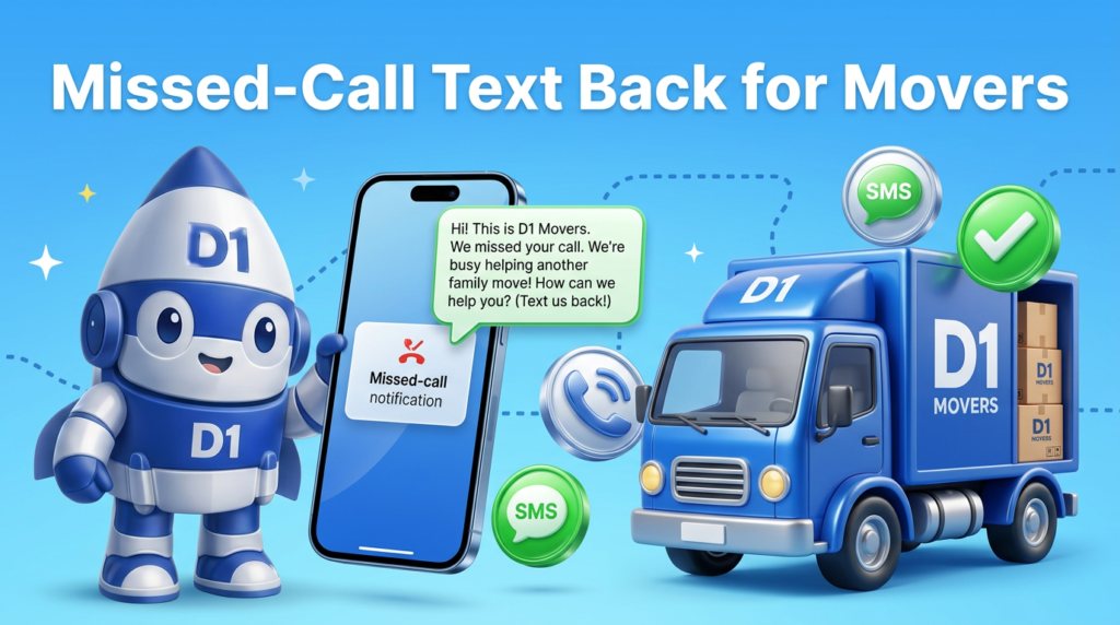 D1 mascot holding a phone showing a missed-call auto-reply text, beside a blue moving truck