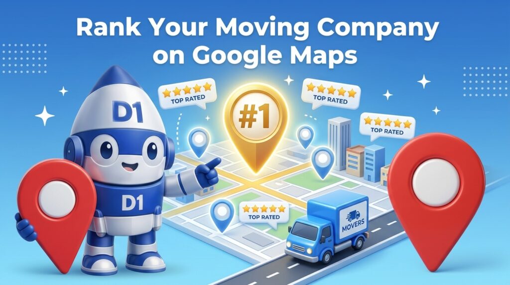 D1 mascot holding a Google Maps pin with a #1-ranked moving company location