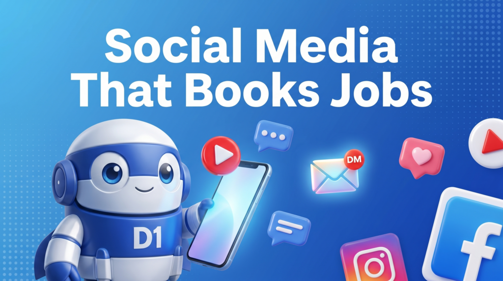 D1 mascot managing social media on a glowing phone with reels, comments, and DM lead notifications for a moving company and a real estate investor